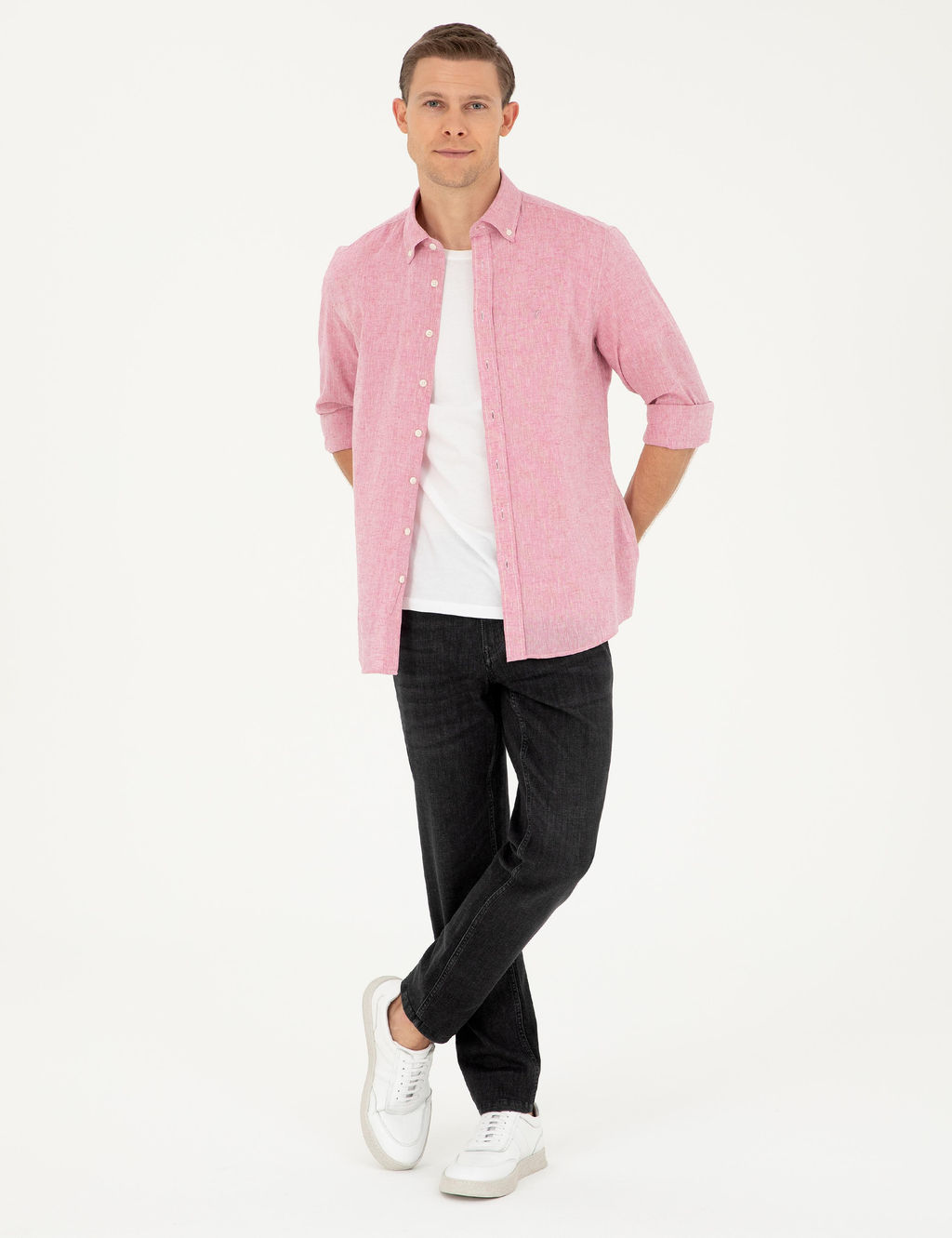 K_rm_z_ Slim Fit Keten Kar___ml_ G_mlek
