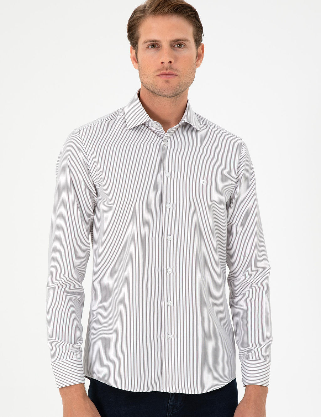 Kahverengi _izgili Slim Fit Uzun Kollu G_mlek