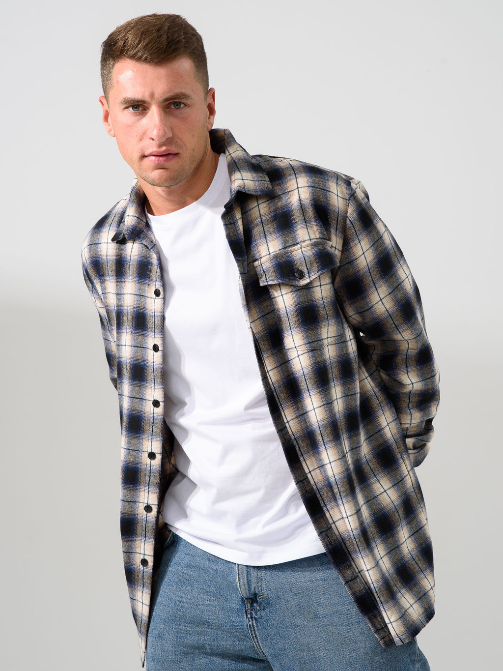 Рубашка Оптима Имидж фланель клетка темно-синий  фото 6