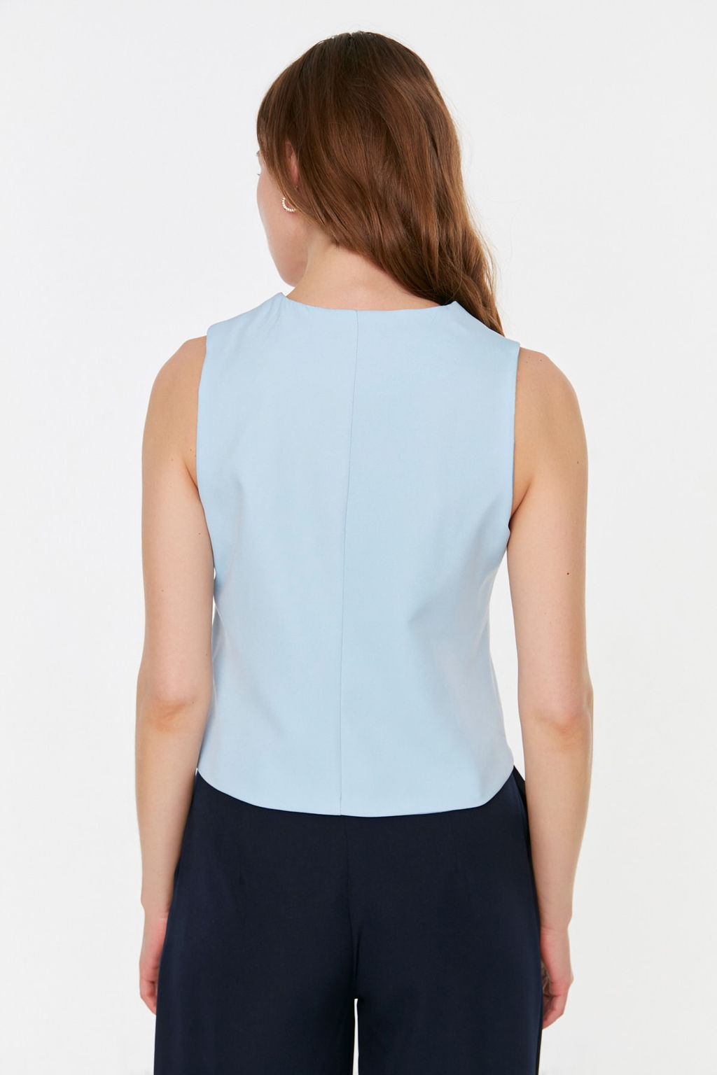 Ac?k Mavi Fitted Dugmeli Crop Dokuma Yelek TWOSS21YE0009