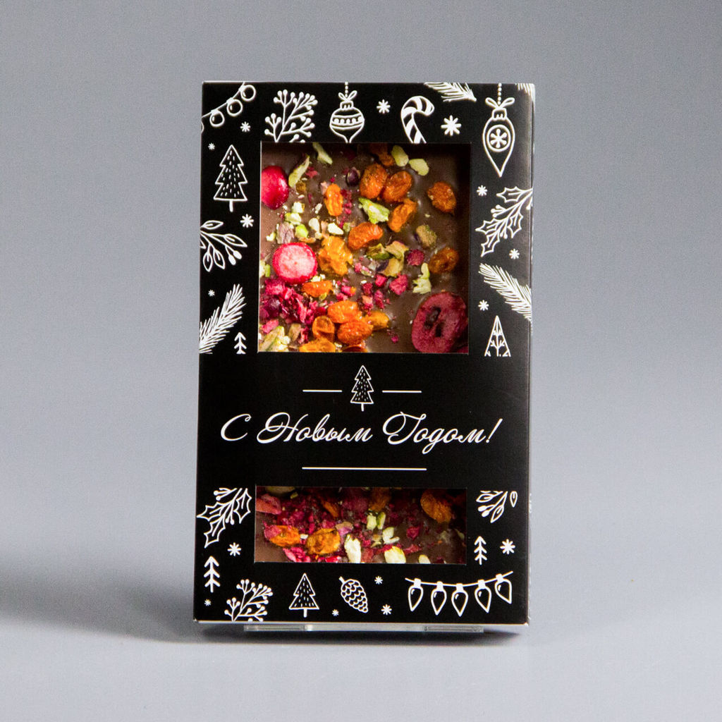 МОЛОЧНЫЙ ШОКОЛАД С КЛЮКВОЙ, ОБЛЕПИХОЙ И ФИСТАШКАМИ, НОВОГОДНЯЯ КОРОБОЧКА #11