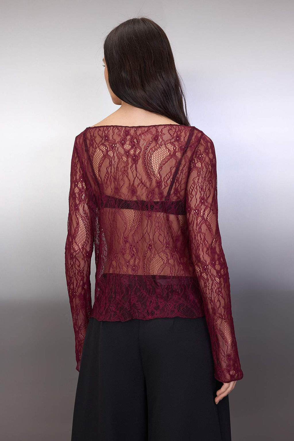 Koyu Bordo Regular Fit Kay?k Yaka Dantel Esnek Orme Bluz TWOSS23BZ00795