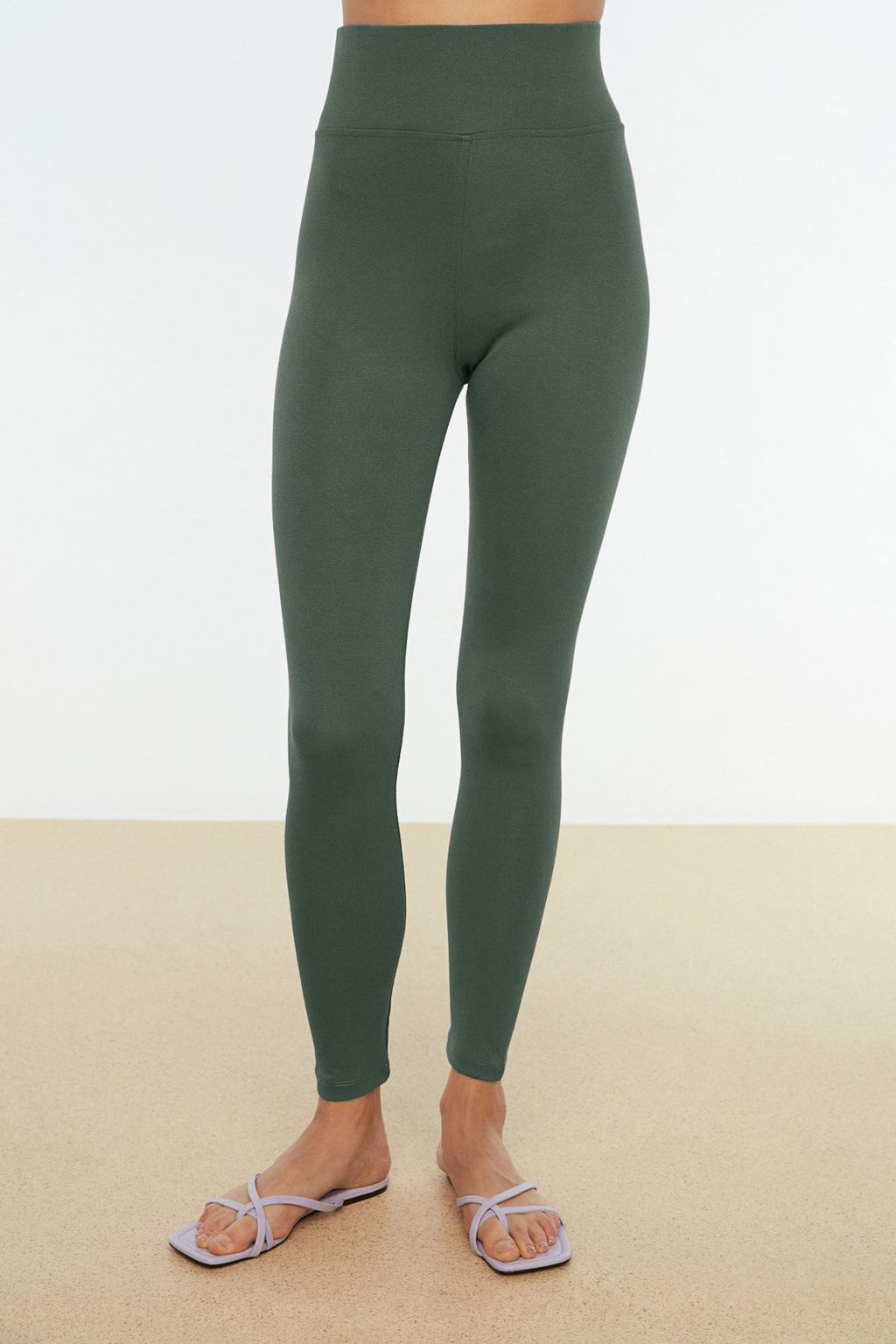 Koyu Yesil Yuksek Bel Basic Beli Lastikli Interlok Orme Tayt TWOAW20TA0047