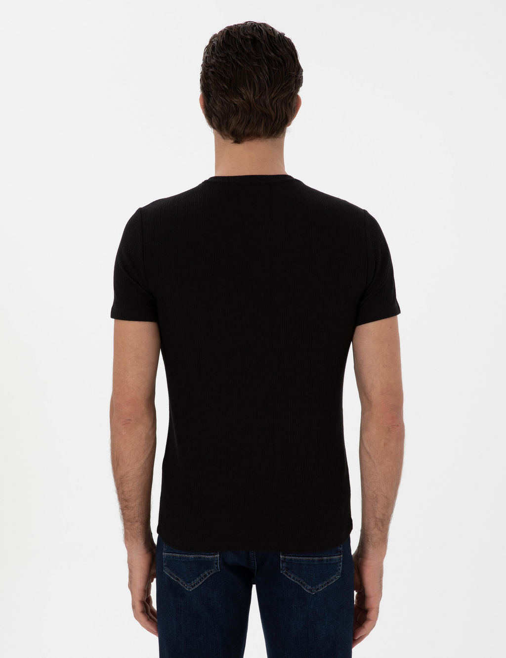 Siyah Slim Fit Bisiklet Yaka Desenli T-shirt