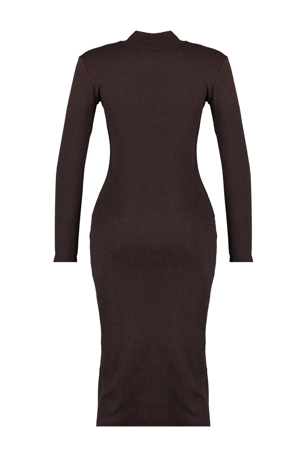 Kahverengi Vucuda Oturan Y?rtmacl? Bisiklet Yaka Midi Fitilli Esnek Orme Elbise TWOAW21EL0135