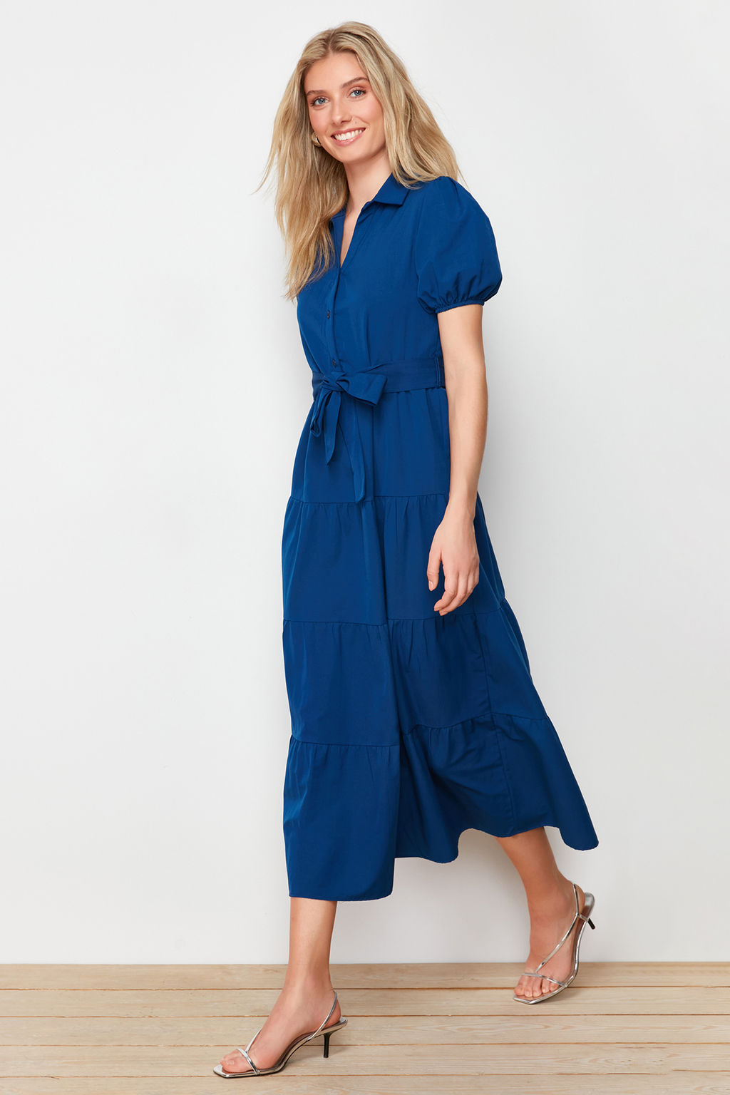 TRENDYOLMILLA Indigo Genis Kesim Gomlek Yaka Maxi Dokuma Elbise TWOSS24EL00861  фото 2