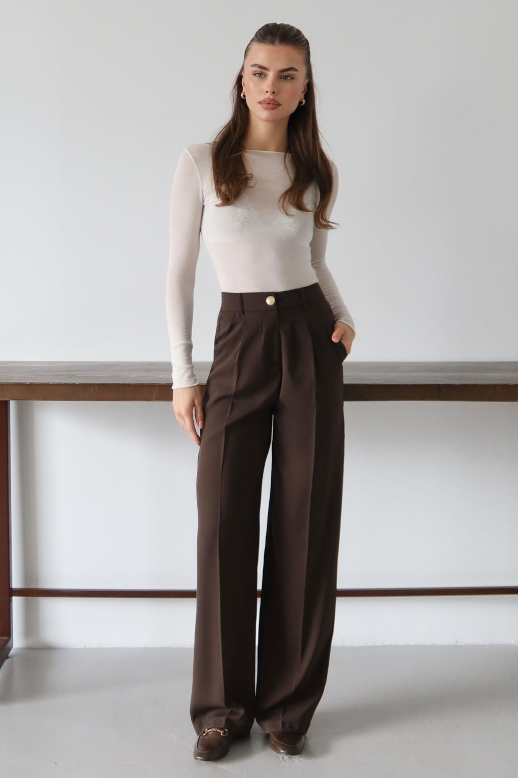 Koyu Kahverengi Yuksel Bel Genis Paca Dokuma Pantolon TWOAW26PL00161