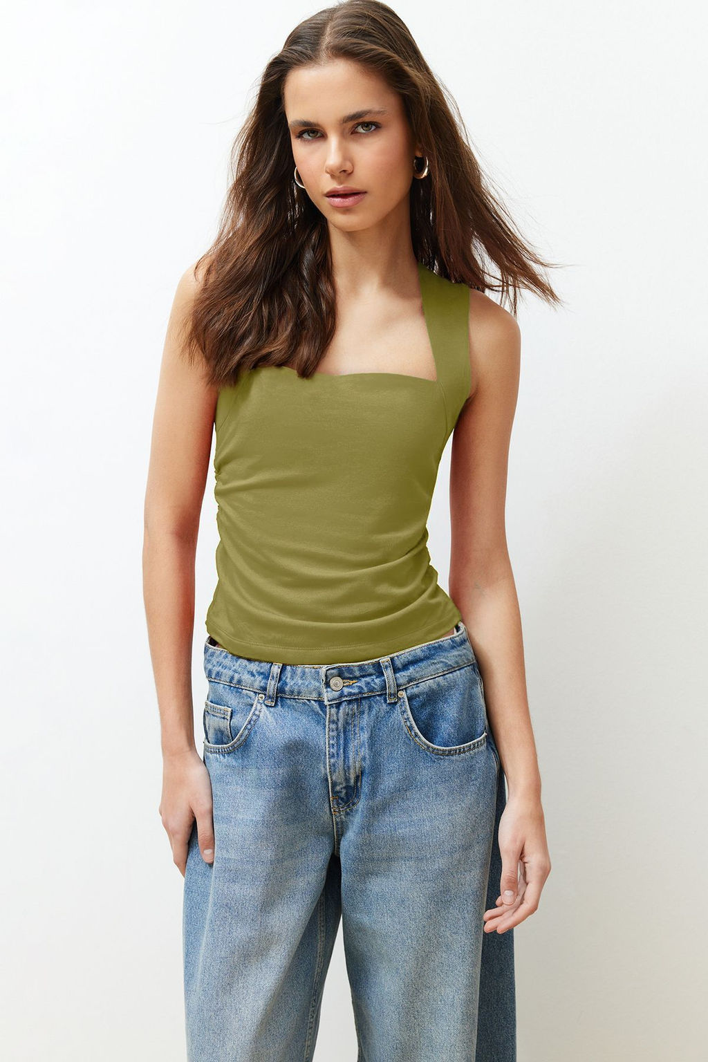 Trendyolmilla Siyah Duz Kare Yaka Ask?l? Buzgulu Fitted/Vucuda Oturan Esnek Orme Bluz TWOSS24BZ00400  фото 7