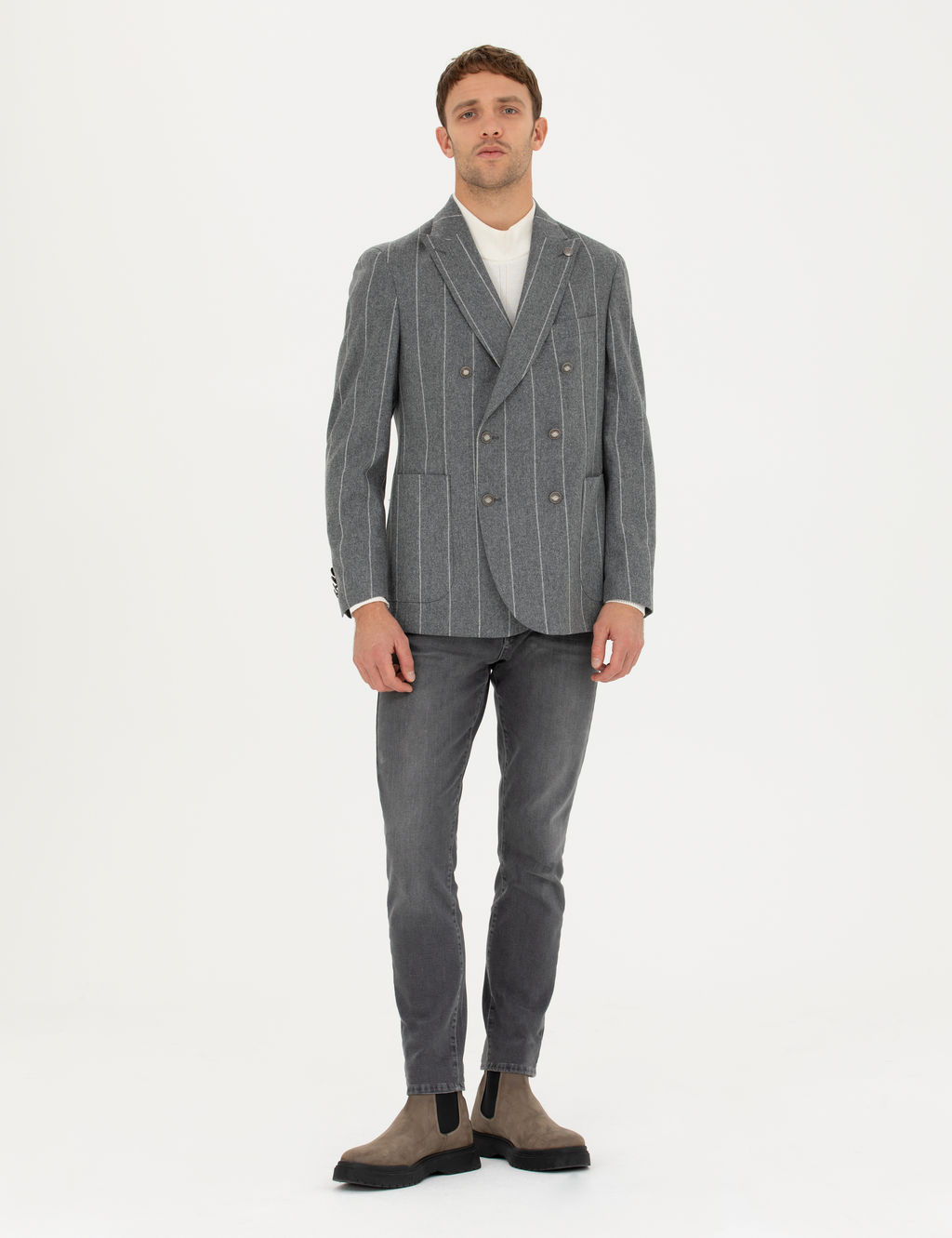 Gri Ex.Slim Fit %100 Y_n _izgili Kruvaze Ceket