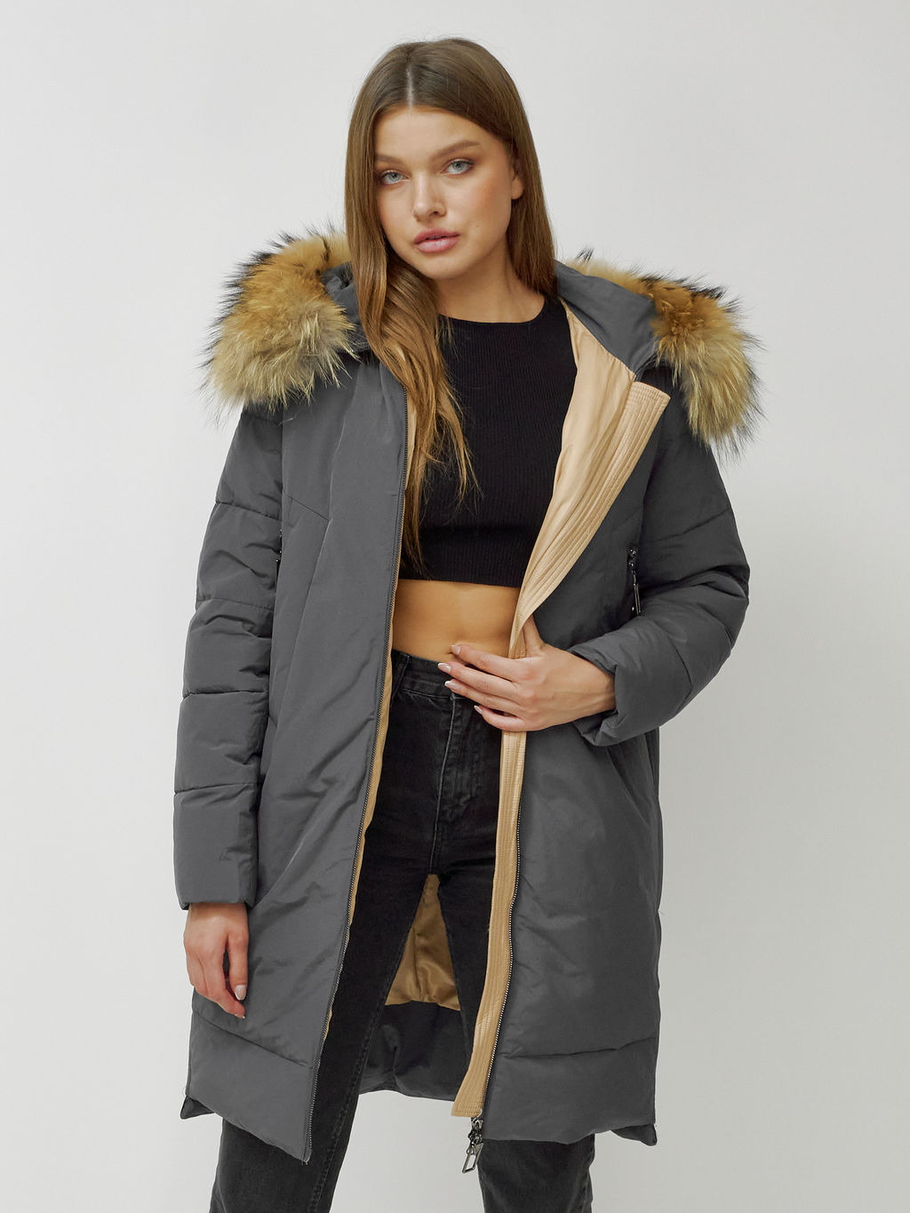 Куртка ПРЕМИУМ КЛАССА зимняя с мехом ЕНОТА, темно-серого цвета - Mtforce фото 20