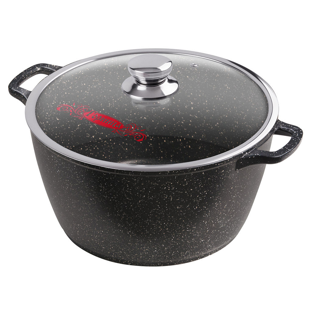 Кастрюля с антипригарным покрытием 5л, д26см Гранит, h13см, s0,4см, литые ручки, стеклянная крышка с пароотводом, подарочная упаковка (Россия)