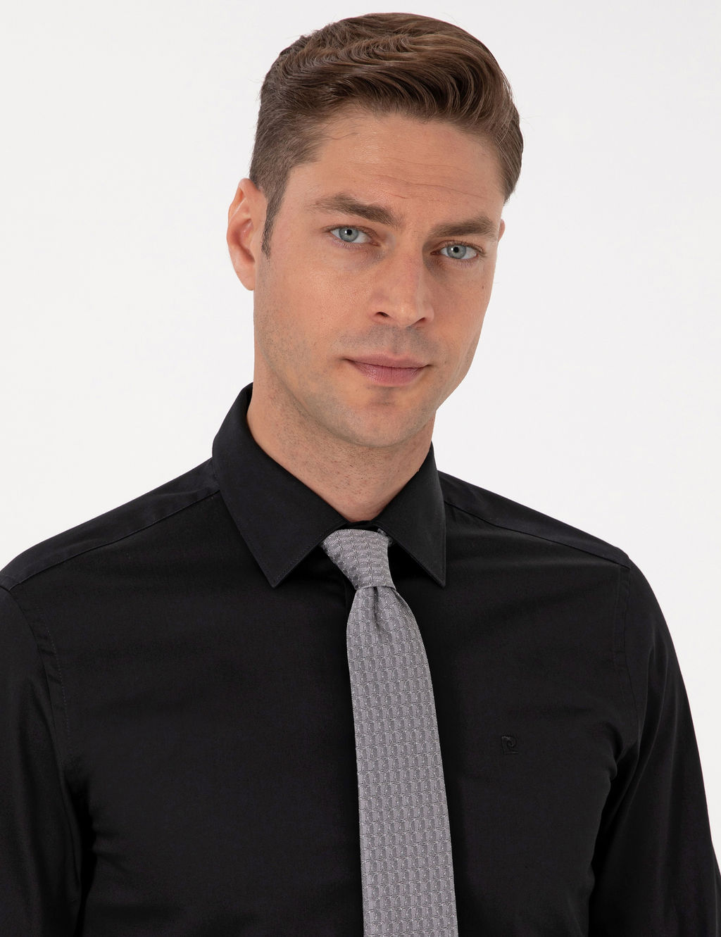 Siyah %100 Pamuk Parlak Saten Slim Fit Uzun Kollu Basic G_mlek