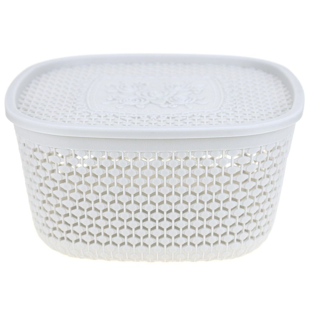 Домашняя мода Корзина-ящик пластмассовая Оренбургская сеточка 22,5х22,5см h11,5см, крышка с декором, с ручками, светло-серый (Китай)  фото 2