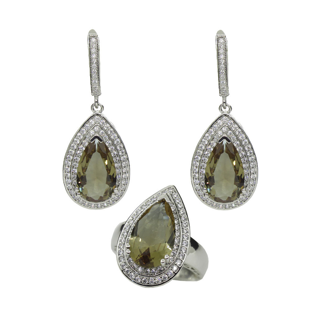 Комплект "Султан-30", султанит, покрытие родий, размеры кольца: 17, 18, 19, 20