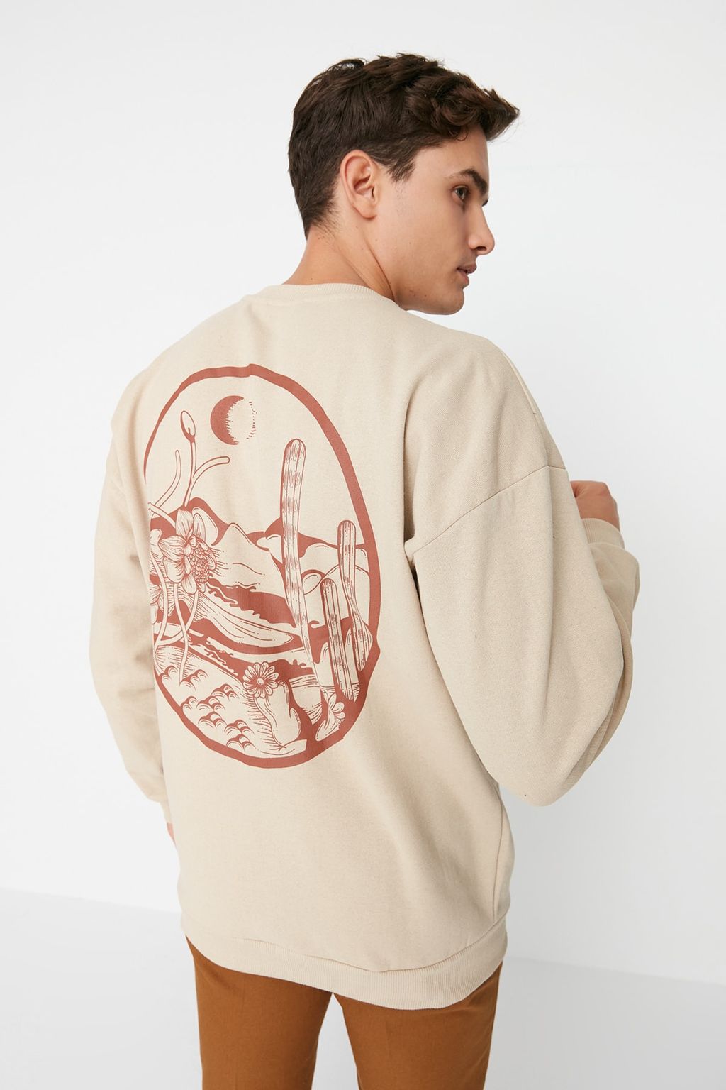 TRENDYOL MAN Lacivert Oversize/Genis Kesim S?rt Bask?l? Ici Polar/S?cak Tutan Pamuk Sweatshirt TMNAW22SW0796