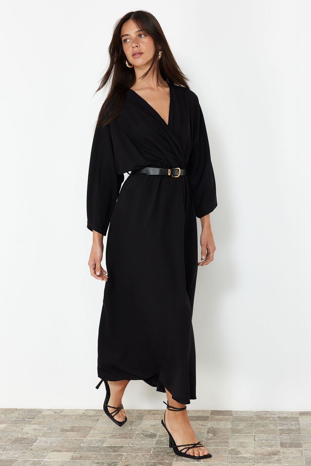 Siyah Kemerli A-line Kruvaze Yakal? Aerobin Midi Dokuma Elbise TWOSS24EL00992