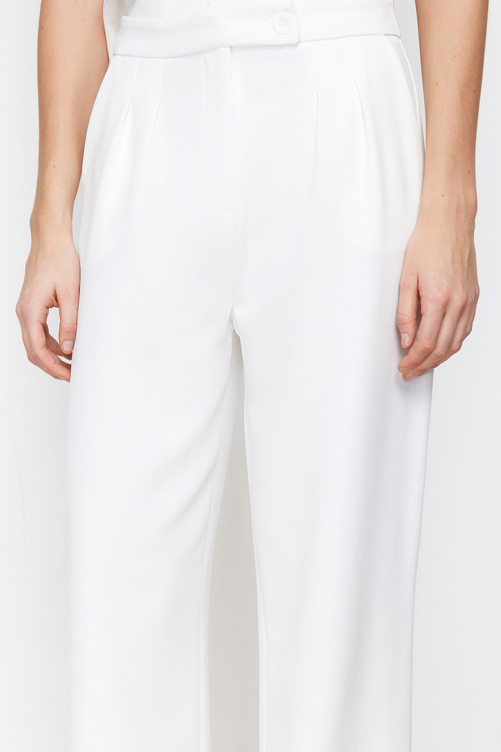 Ekru Wide Leg/Genis Paca Yuksek Bel Dokuma Kumas Pantolon TWOAW22PL0066