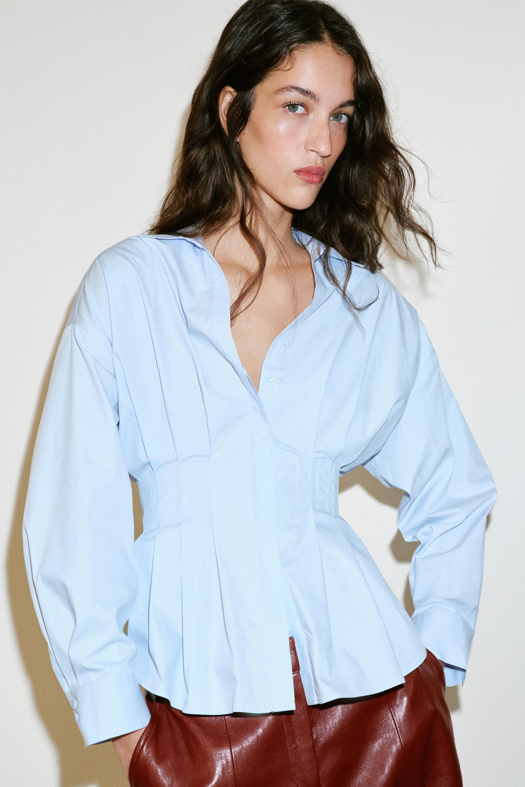 CAMISA POPEL?N PLIEGUES / Azul claro - Zara фото 7