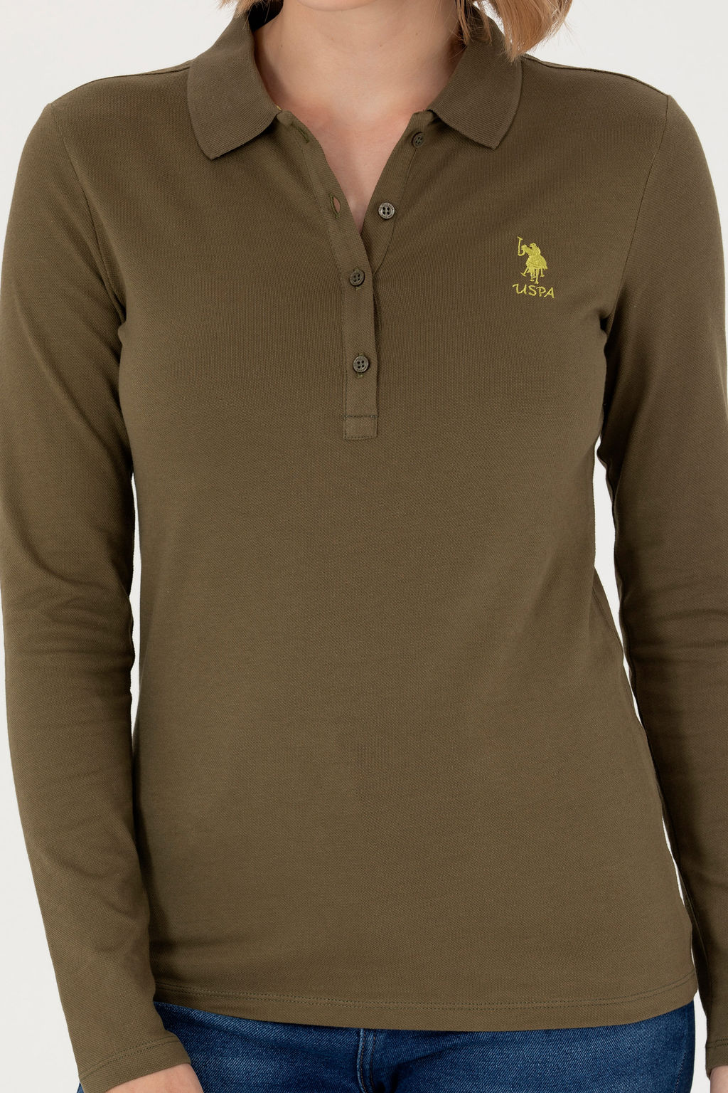 U. S. Polo Assn Женский базовый свитшот цвета хаки с воротником-поло - U.s. polo assn фото 20