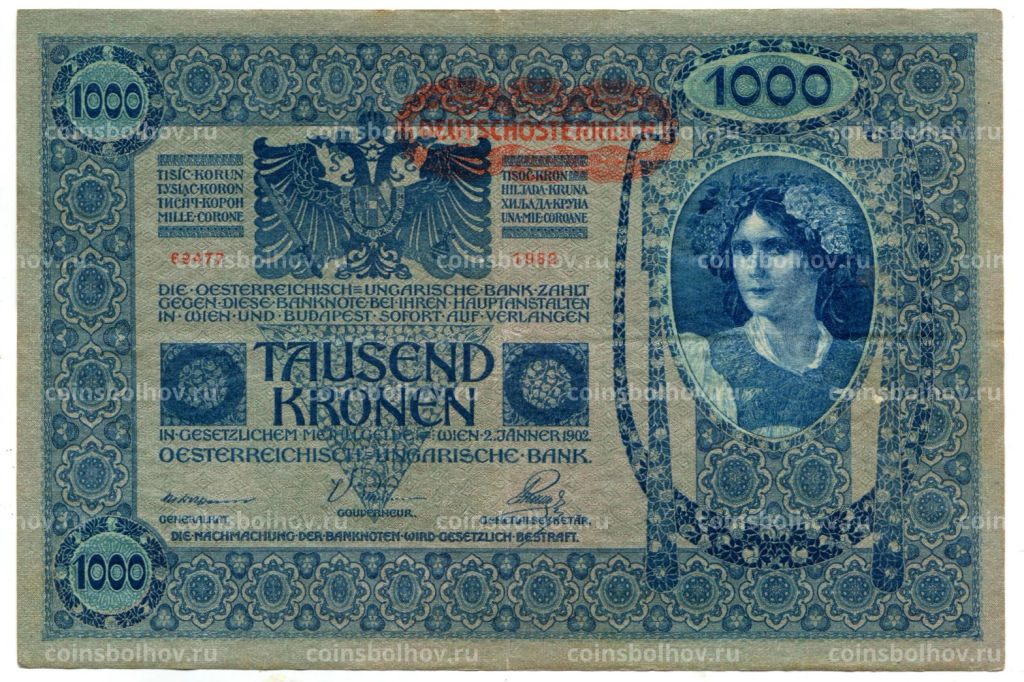 1000 крон 1902 года Австрия надпечатка