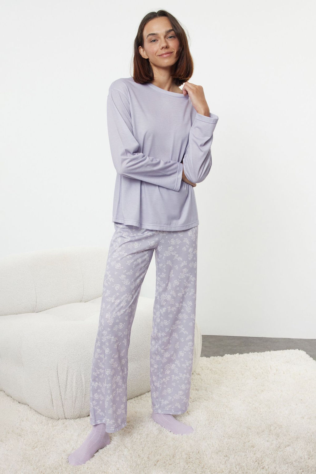 Trendyolmilla Lila %100 Pamuklu Cicekli Orme Pijama Tak?m? THMAW25PT00187  фото 3