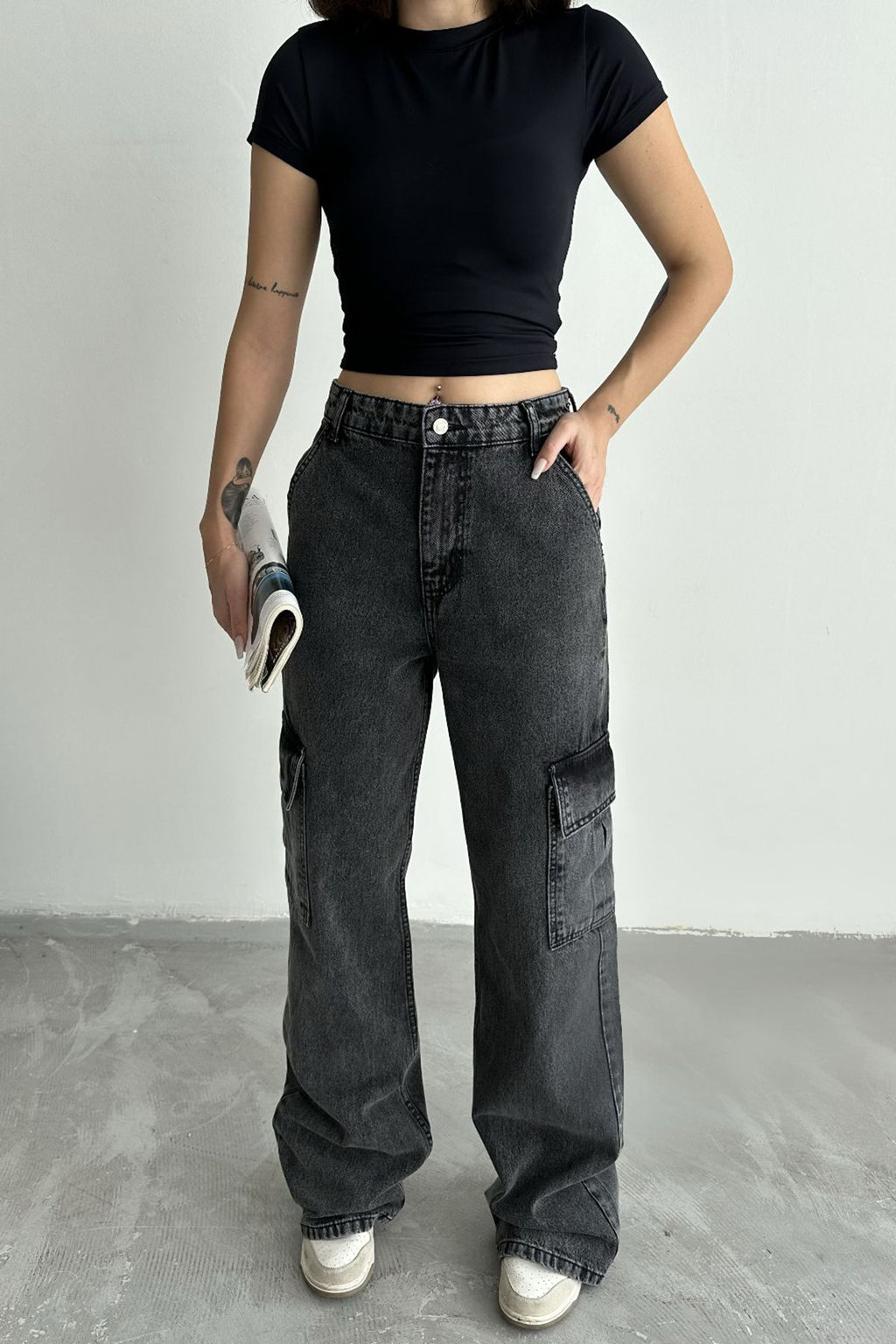 Antrasit Kargo Cepli Yuksek Bel Wide Leg Jeans TWOAW25JE00369