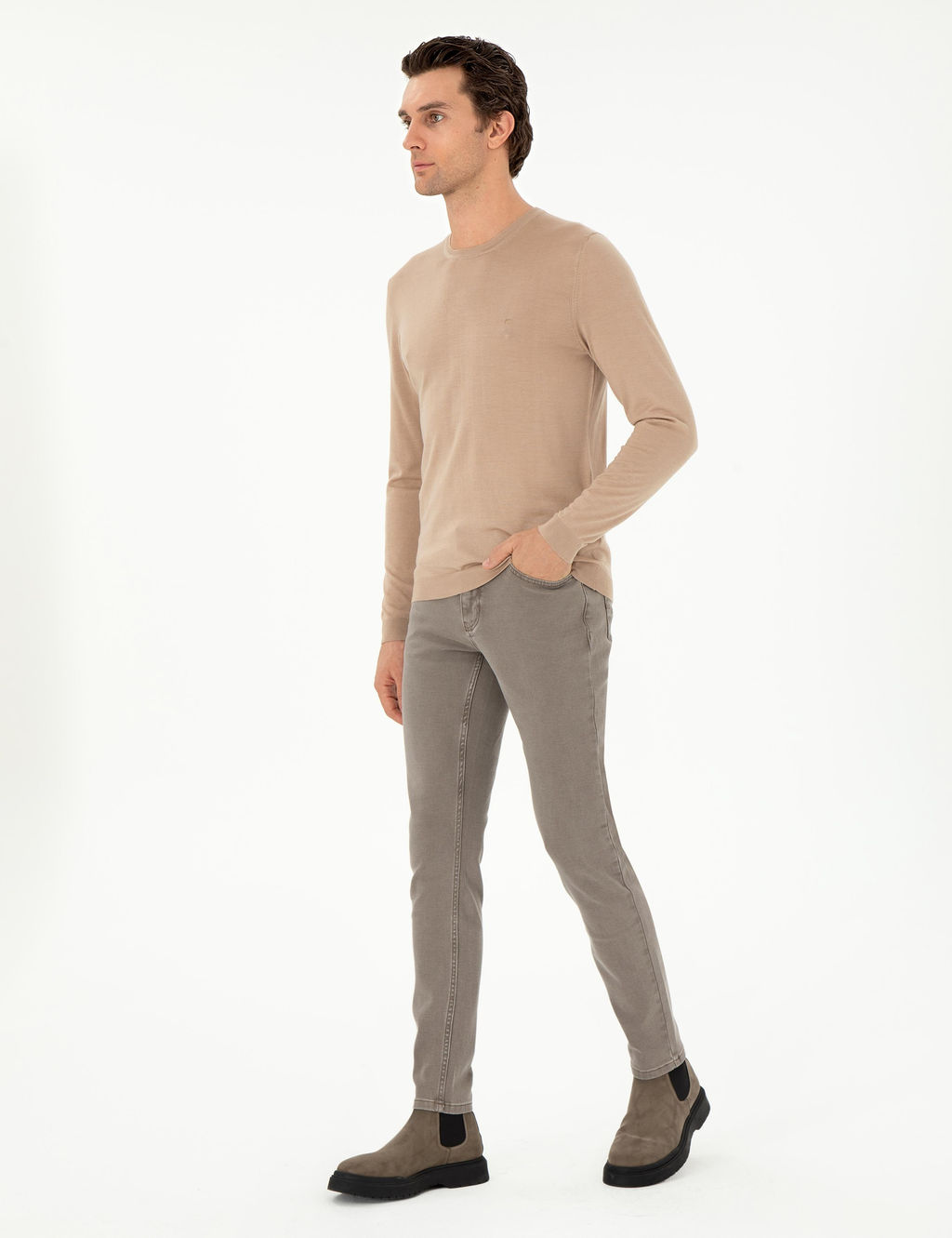 Bej Slim Fit Ka_mir _pek Kar___ml_ Bisiklet Yaka Triko Kazak