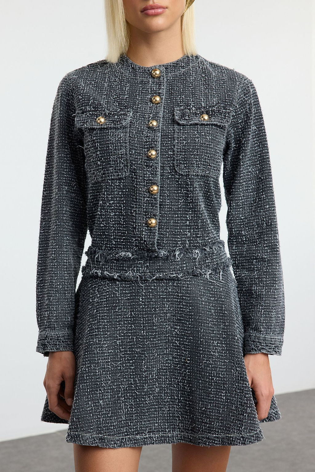 TRENDYOLMILLA Gri Dokulu Etegi Volanl? Mini Denim Elbise TWOAW25EL00515  фото 3