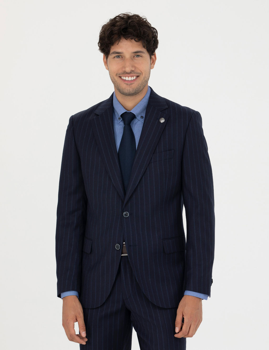 %100 Y_n Lacivert _izgili Ekstra Slim Fit Tak_m Elbise