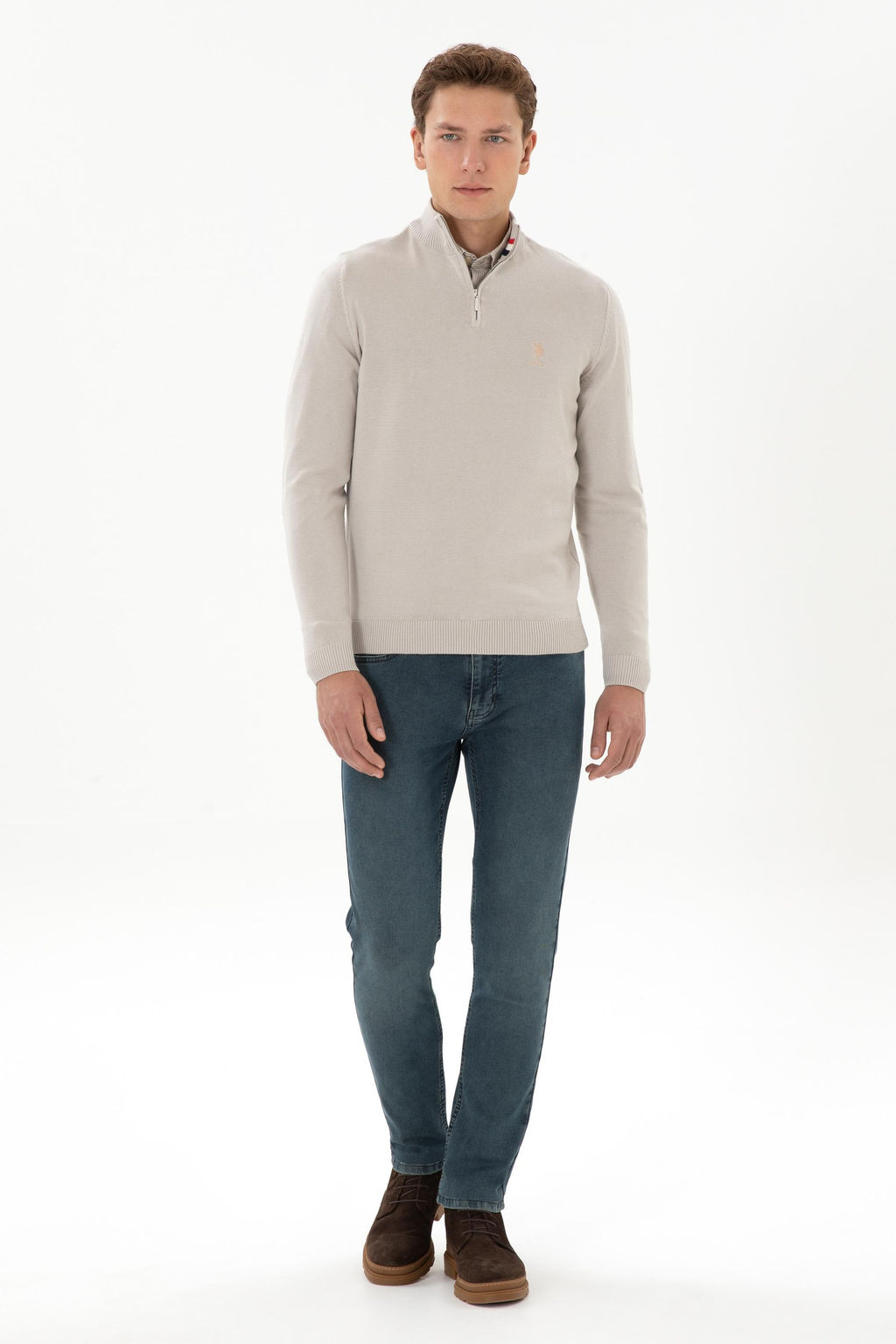 Erkek Slim Fit Yar_m Fermuarl_ Ta_ Kazak
