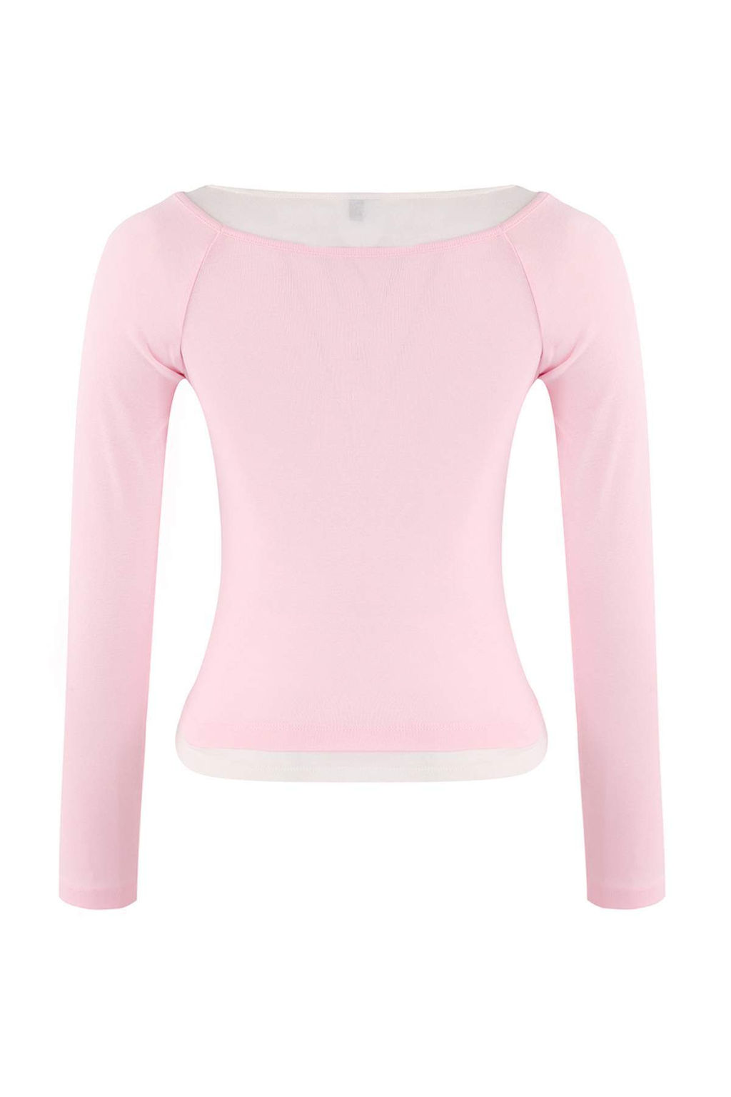 Pembe Vucuda Oturan Cift Gorunumlu Kay?k Yaka Uzun Kollu Pamuk Ribana Orme Bluz TWOSS26BZ00230 - Trendyolmilla фото 2