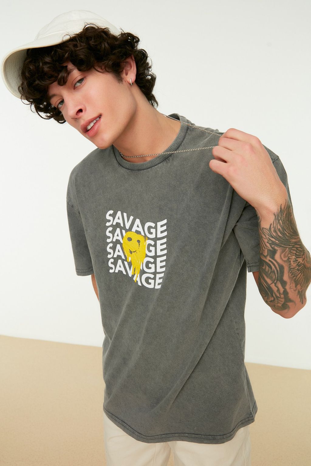 TRENDYOL MAN Antrasit Oversize/Genis Kesim Soluk Efekt Yaz? Bask?l? %100 Pamuklu T-Shirt TMNSS22TS0237 - Trendyolmilla фото 2