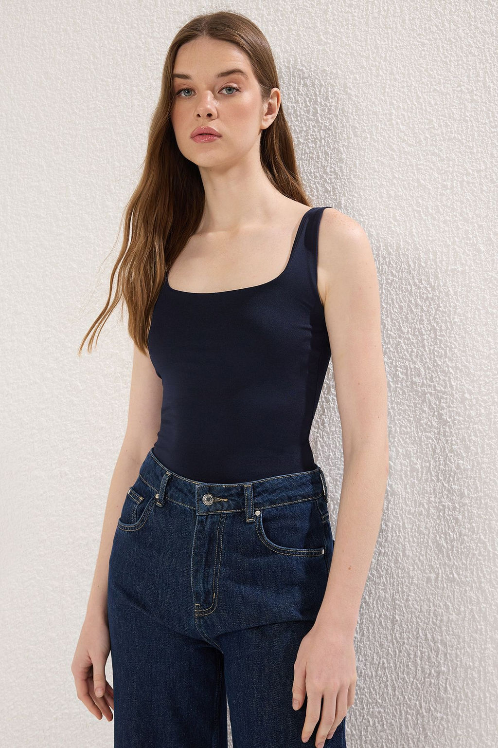 Lacivert Fitted/Vucuda Oturan S?rt? Detayl? Kare Yaka C?tc?tl? Esnek Orme Body TWOSS24BD00026