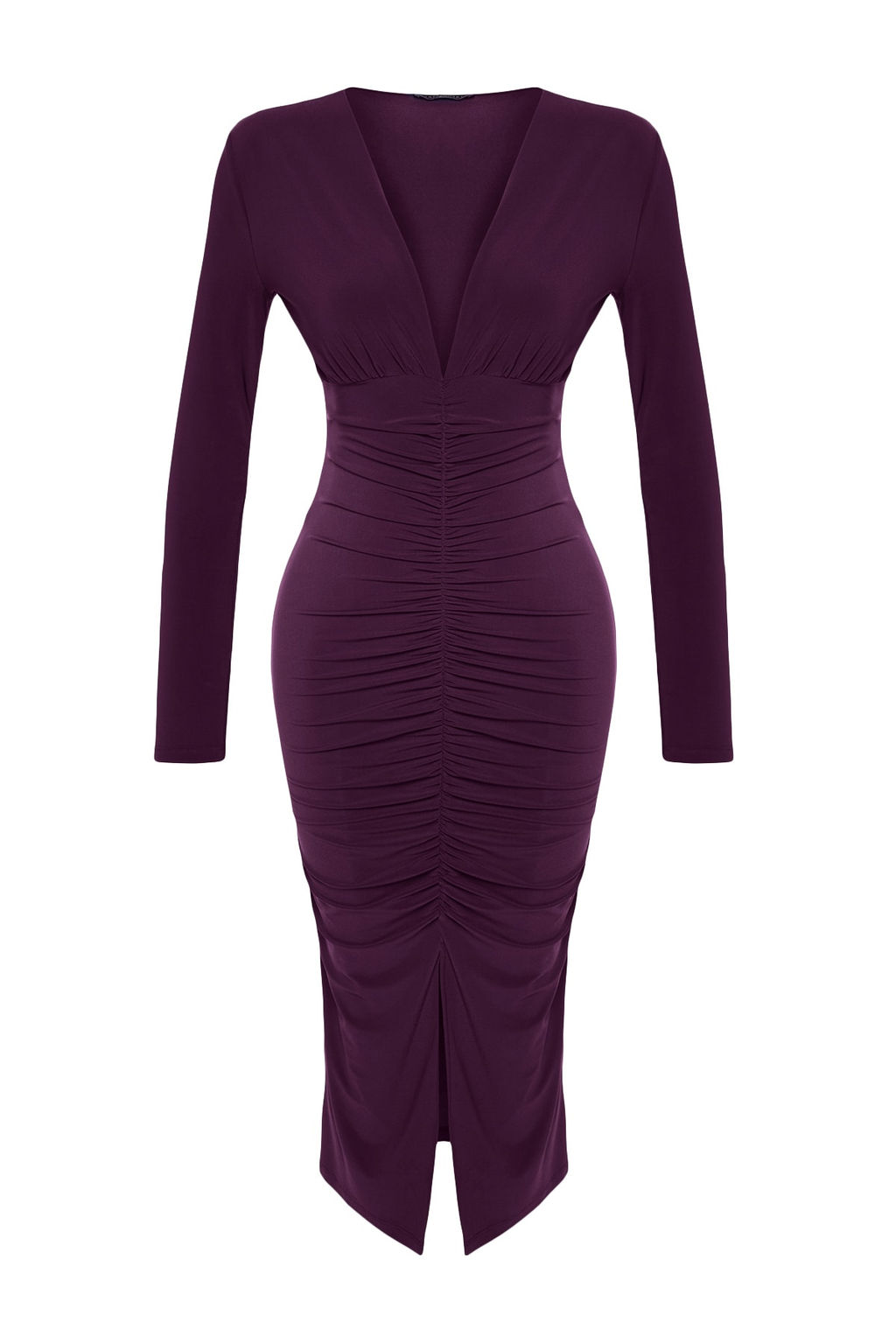 TRENDYOLMILLA Siyah Drapeli V Yaka Fitted/Vucuda Oturan Esnek Midi Orme Kalem Elbise TWOAW24EL00197 фото 11