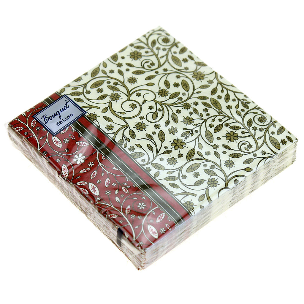 Салфетки бумажные Bouquet de Luxe 24х24см, 3-х слойные, 25 штук в упаковке, 100% целлюлоза, Ажурный узор (Россия)