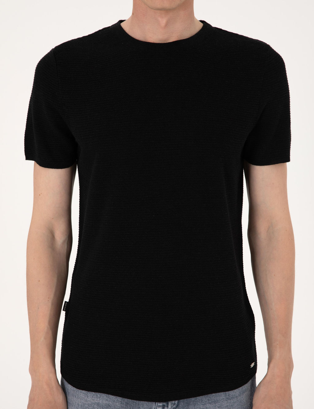 Siyah Slim Fit Keten Kar___ml_ Bisiklet Yaka Triko Ti__rt