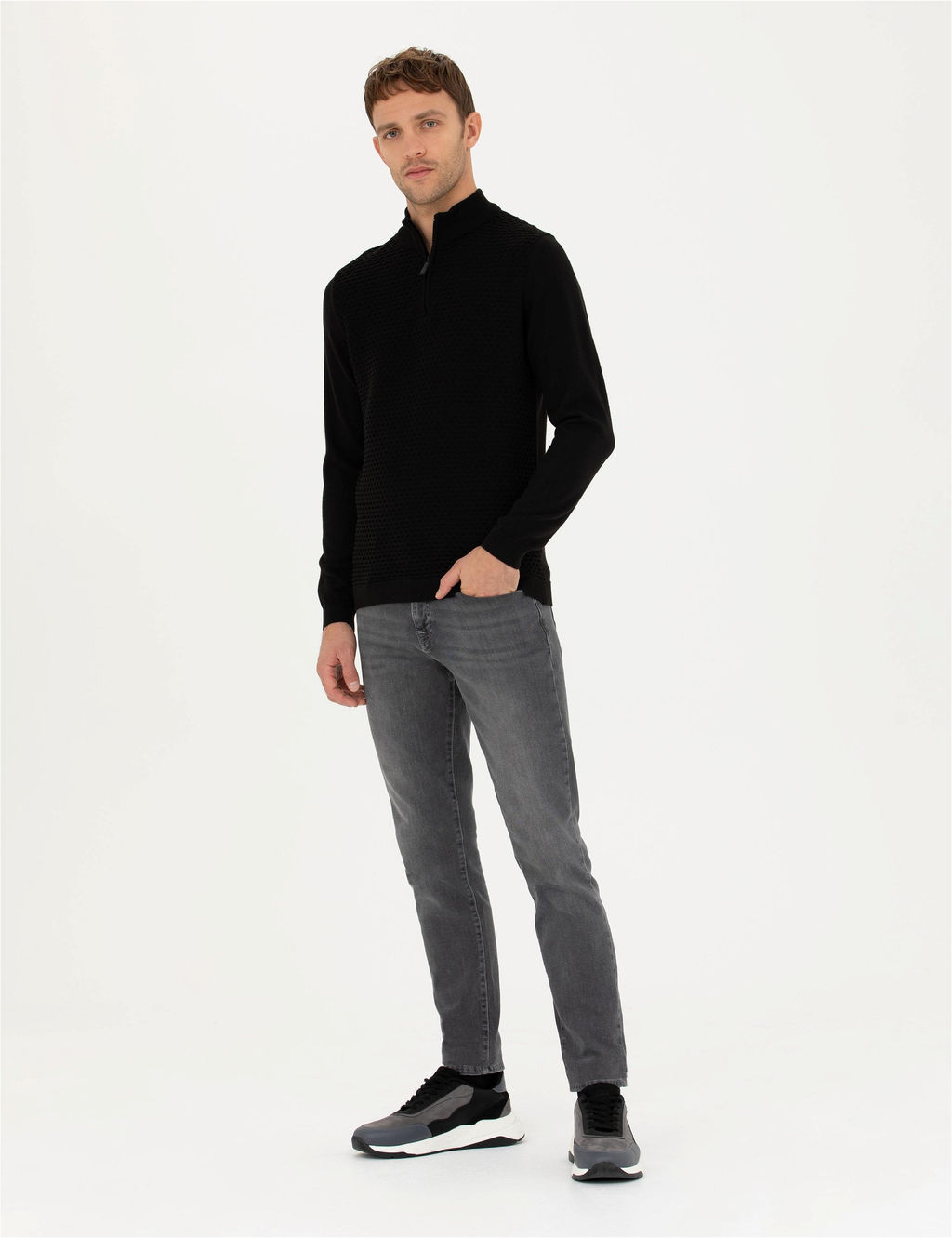 Siyah Slim Fit Fermuarl_ Dik Yaka Triko Kazak - Pierre cardin фото 4