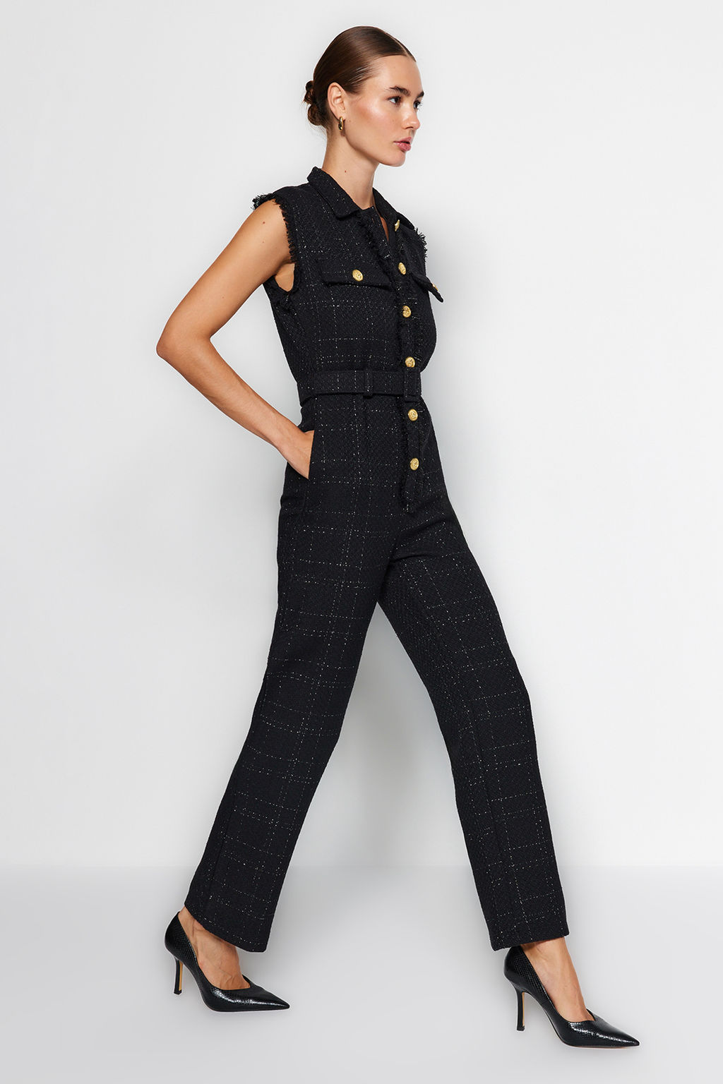 TRENDYOLMILLA Siyah Kemerli Gomlek Yaka Dugme Detayl? Tuvit Dokuma Tulum TWOAW24TU00013  фото 7