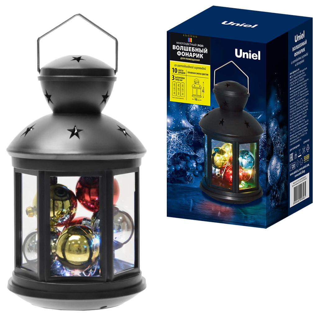 ULD-L1220-010/DTB/RGB BLACK Фонарь со светодиодной гирляндой внутри, на батарейке (в комплект не входит). 10 светодиодов. RGB свет. Режим мигания. Черный корпус. 12*20 см. TM Uniel. - Volpe фото 5