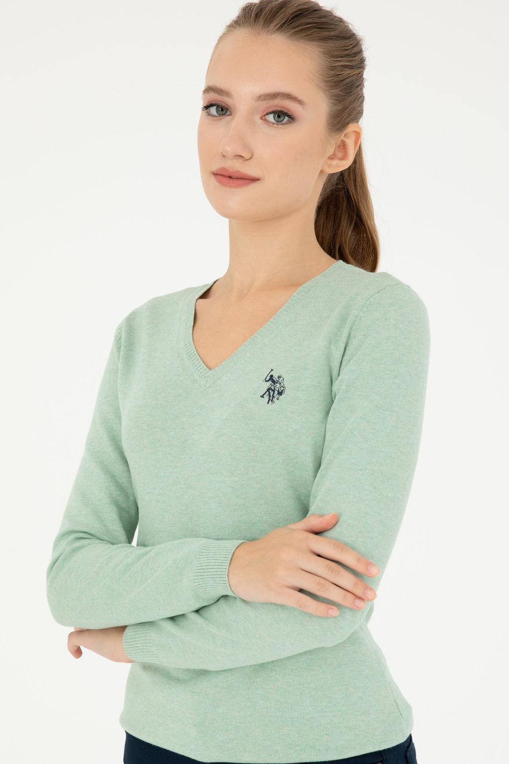 Женский зеленый меланжевый базовый свитер с v-образным вырезом Неожиданная скидка в корзине - U.s. polo assn фото 3