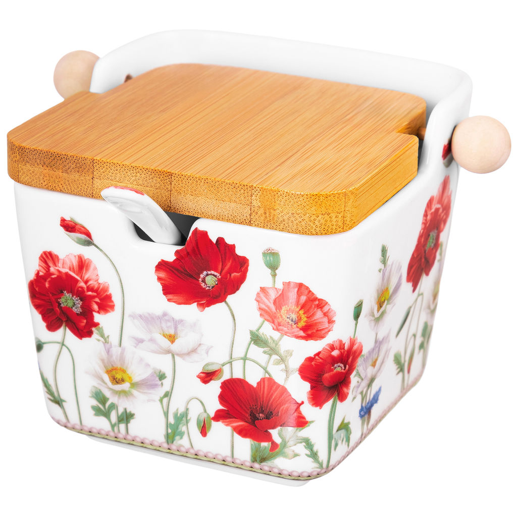 Банка д/сыпучих продуктов 300 мл 12*9,5*9 см "Маки", с откидной бамбук.крышкой NEW BONE CHINA