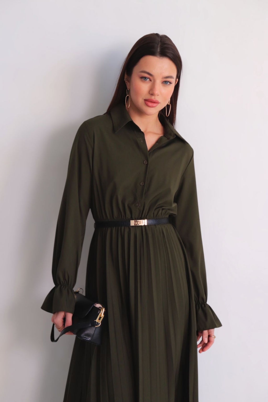 Martichelli Платье рубашка с юбкой-плиссе хаки фото 6