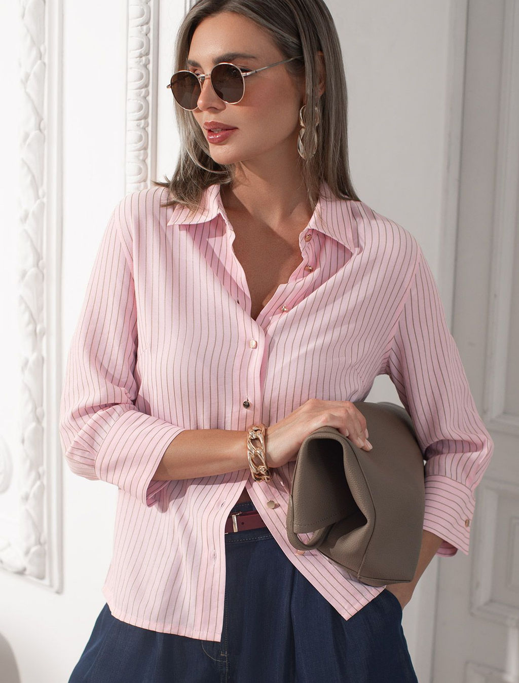 Блузка свободного силуэта в полоску с рукавом 3/4 из эластичного хлопка - Vilatte фото 2