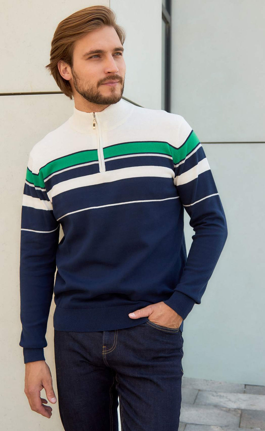 Джемпер мужской с воротом на молнии F221-15-1747 сине-зелёный