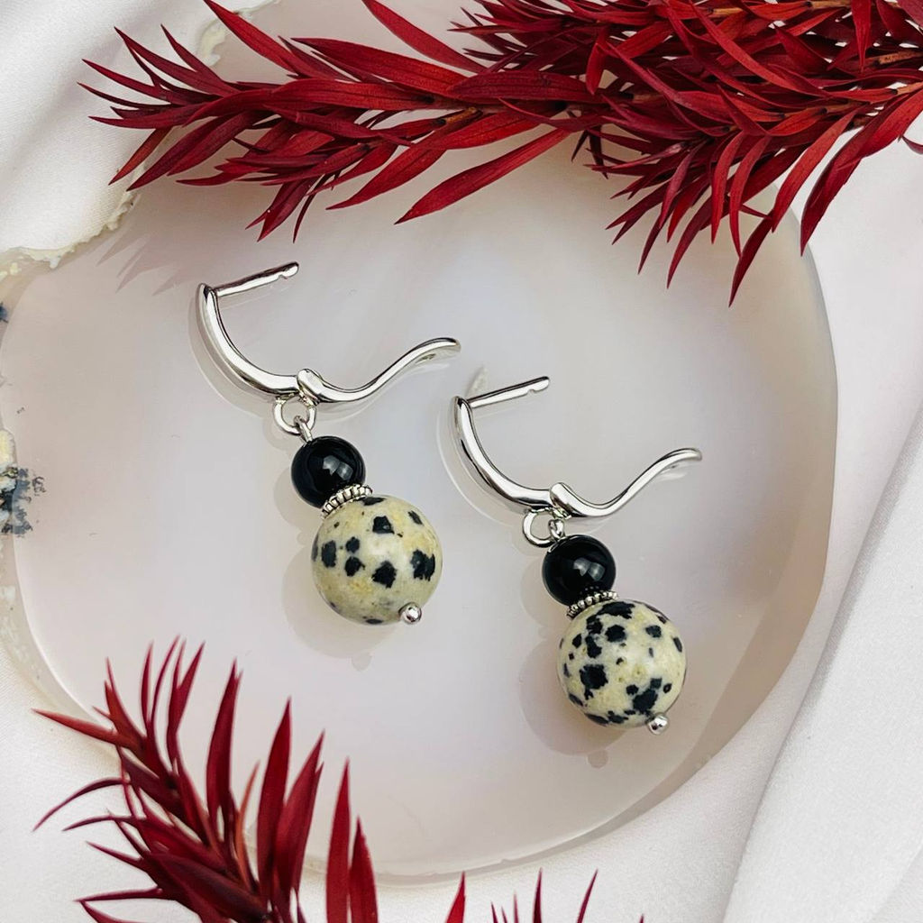 Серьги двойные из черного Агата и перепелиной Яшмы