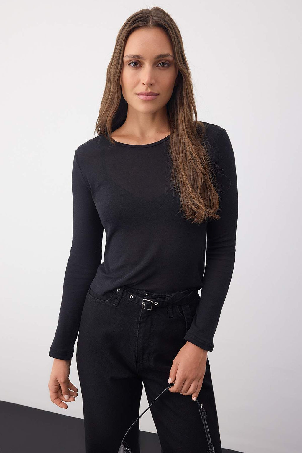 Wardrobe Essentials  Siyah Transparan Slim/Vucuda Oturan Orme Bluz | TWOAW26BZ00015