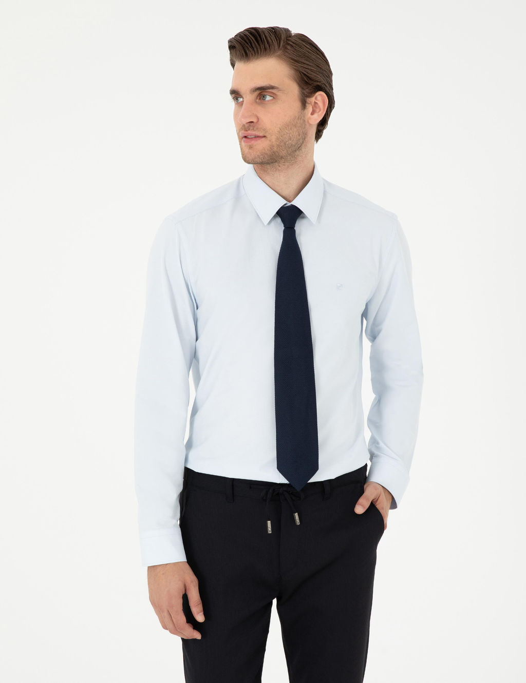 A__k Mavi Slim Fit Uzun Kollu Basic G_mlek