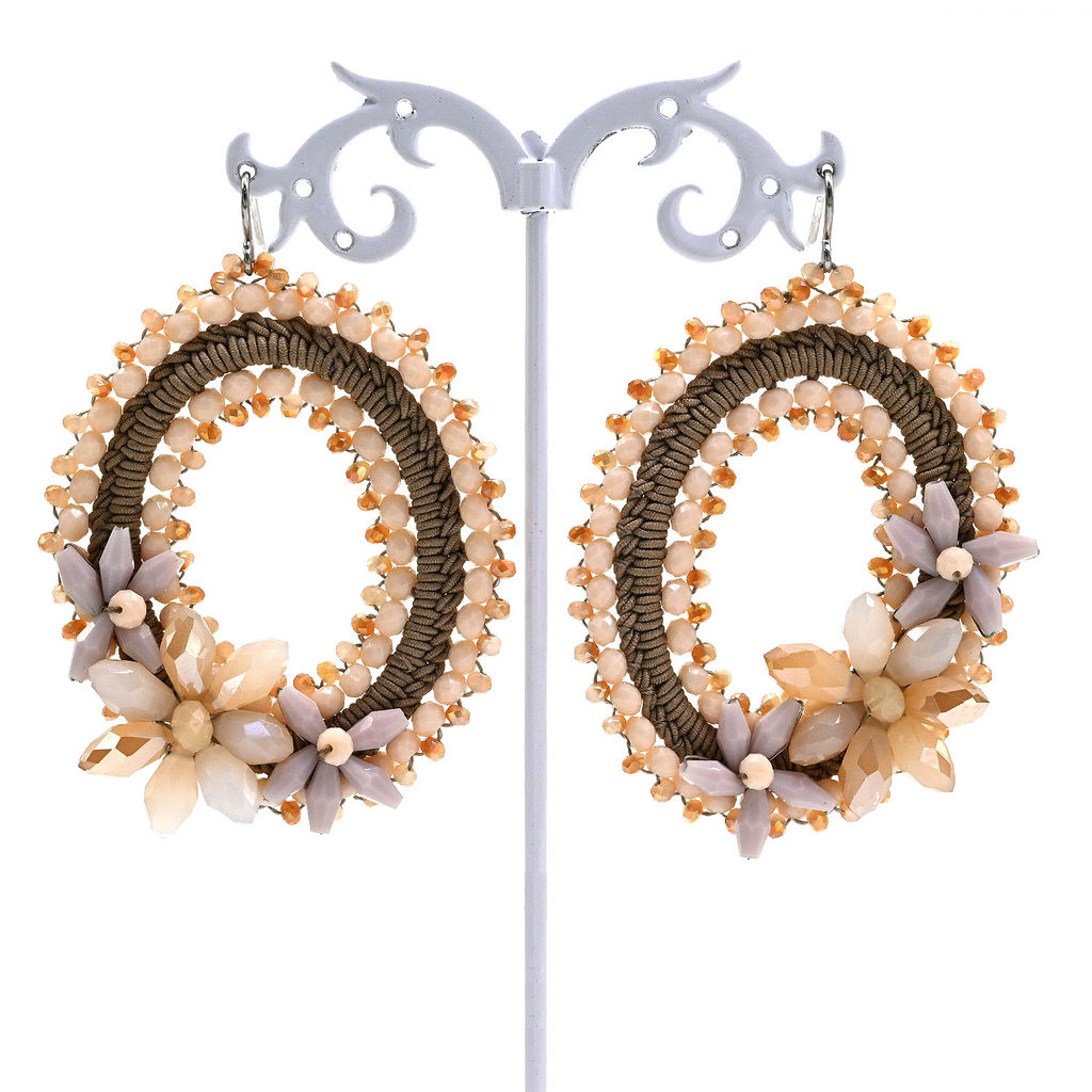 Серьги ручной работы с цирконами в оплетении цв.крем