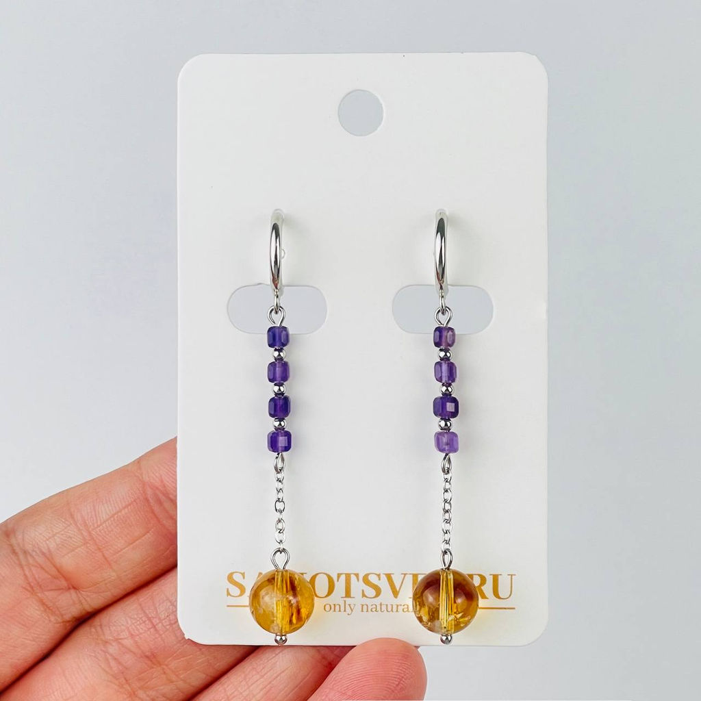 Серьги длинные из Аметиста и Цитрина