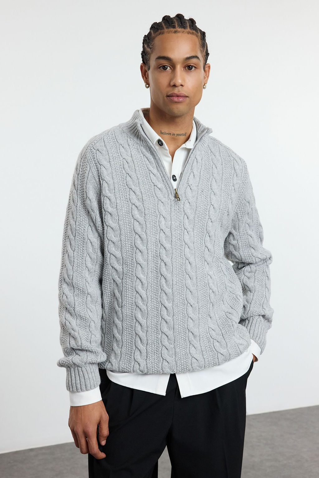 TRENDYOL MAN Bordo Unisex Regular Fit Fermuarl? Yar?m Bal?kc? Sac Orgu Triko Kazak TMNAW21KZ0737 - Trendyolmilla фото 3